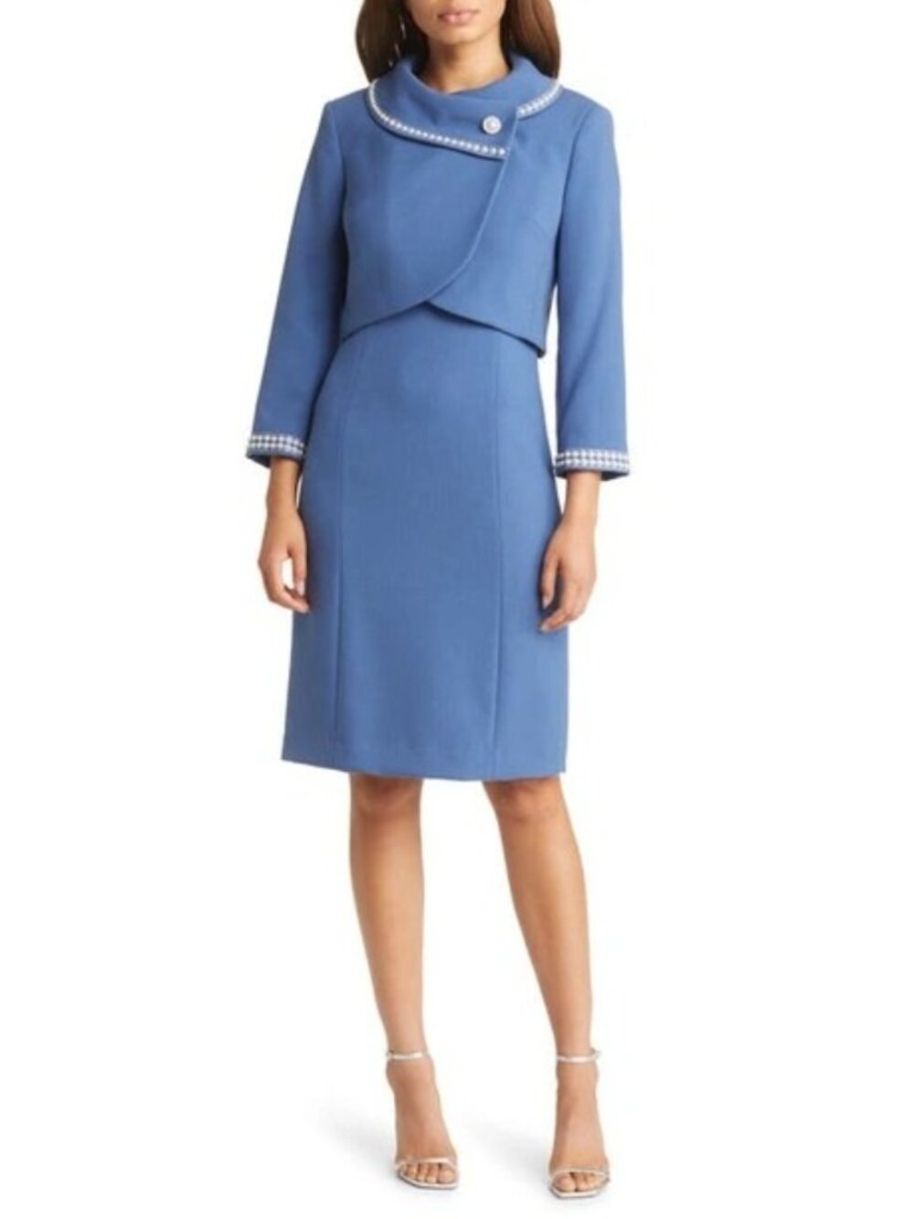 2/$30 TAHARI ASL Pearl Beaded Cropped Jacket Suit River Blue 4 #A6120